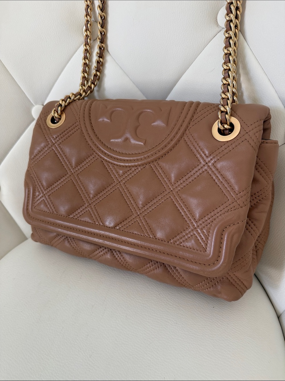 Tory Burch Fleming Soft Leather Convertible Shoulder Bag Warm Tan Gold Chain - Picture 6 of 17